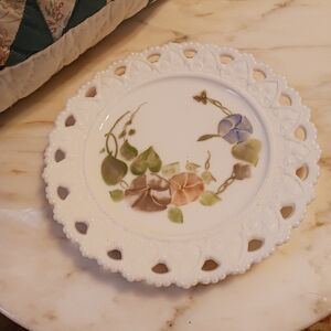 Vintage Hand-Painted Milk Glass Plate, 1950s Pansies With Leaves, Rare